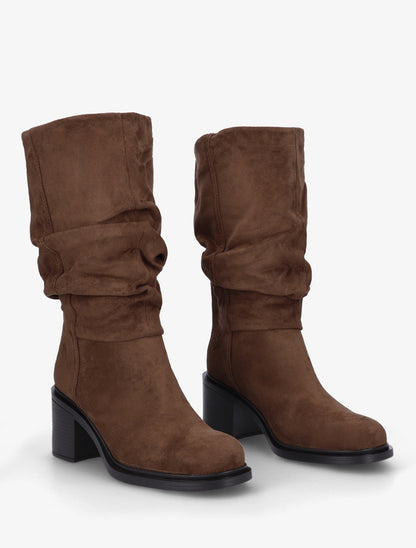 Bottes mi-mollet en suédine effet froncé - Marron - 4