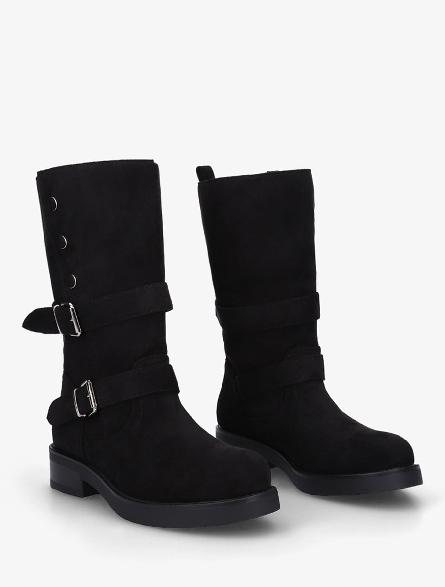 Bottines montantes à tige rabatable et sangles décoratives en suédine - Noir - 4