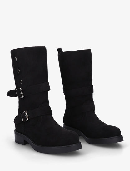 Bottines montantes à tige rabatable et sangles décoratives en suédine - Noir - 4
