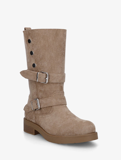 Bottines montantes à tige rabatable et sangles décoratives en suédine - Beige foncé - 2