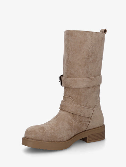 Bottines montantes à tige rabatable et sangles décoratives en suédine - Beige foncé - 3