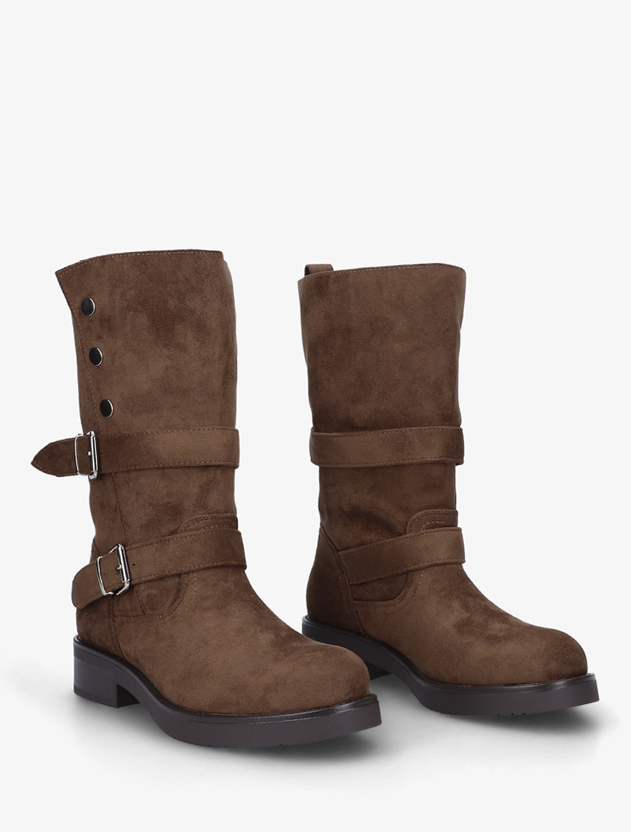 Bottines montantes à tige rabatable et sangles décoratives en suédine - Marron - 4