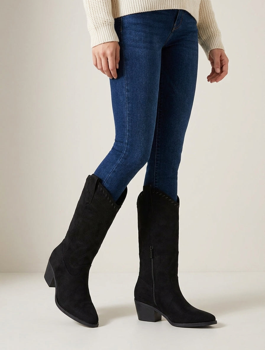 Botas vaqueras de ante con pespuntes - Negro