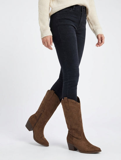 Botas vaqueras de ante con pespuntes - Marrón