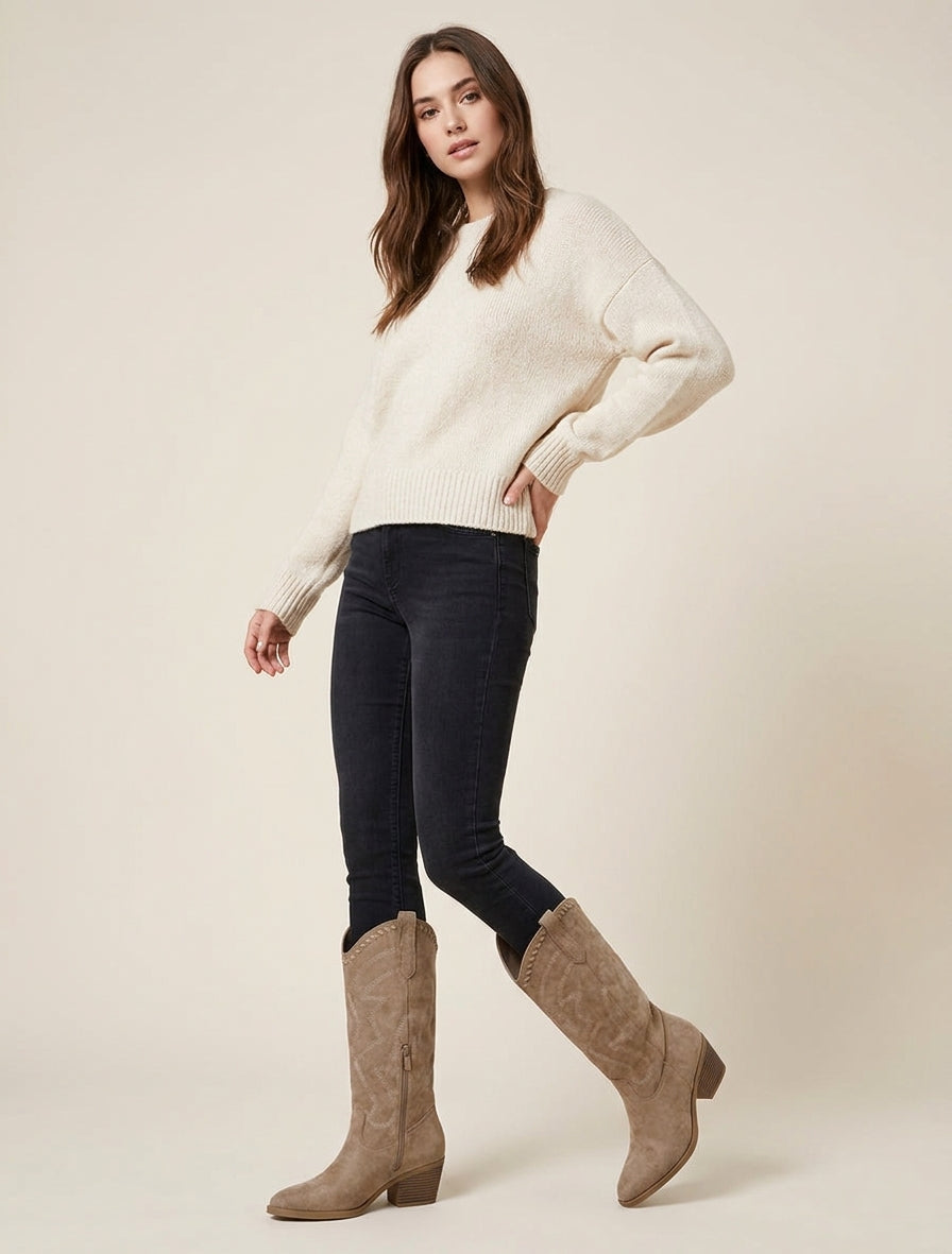 Botas vaqueras de ante con pespuntes - Topo