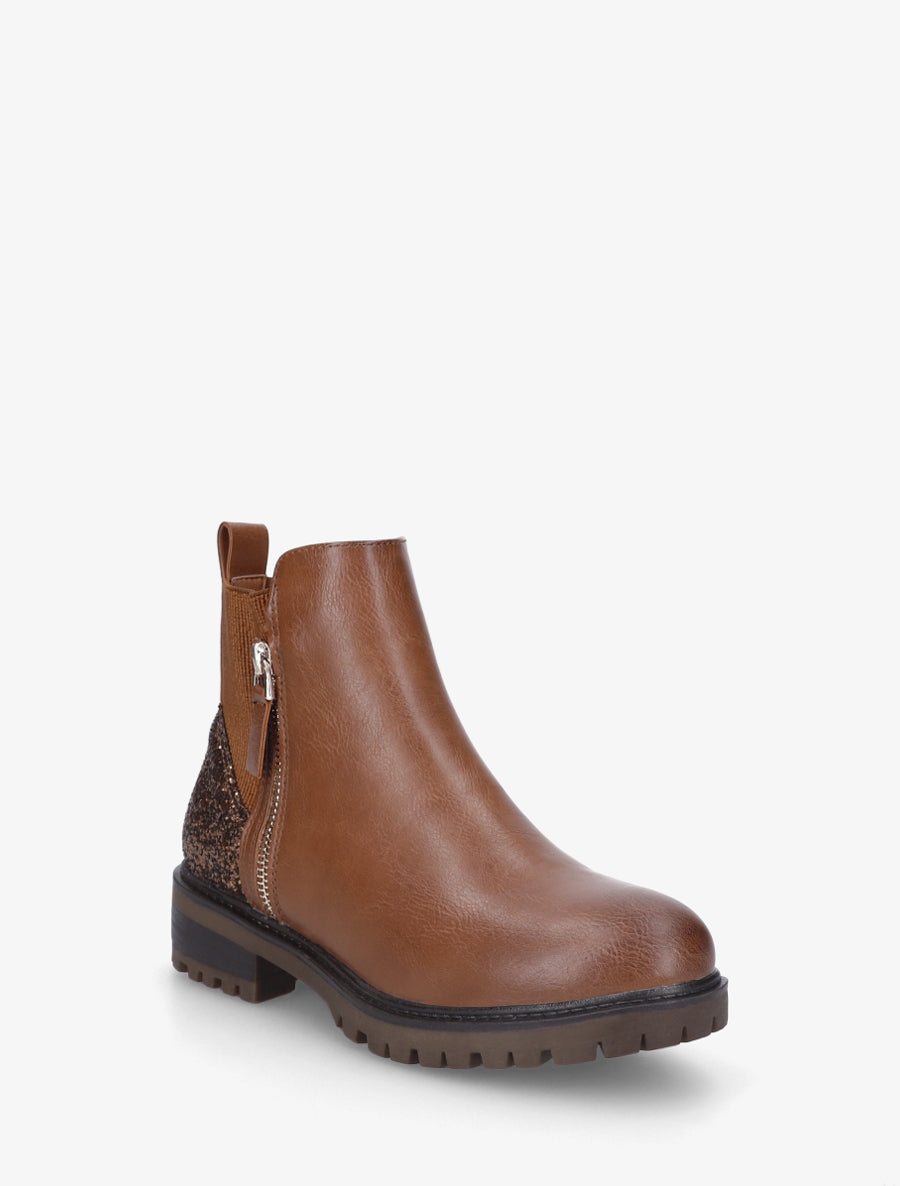 Bottines élastiquées à contrefort pailleté et zip - Camel - 2