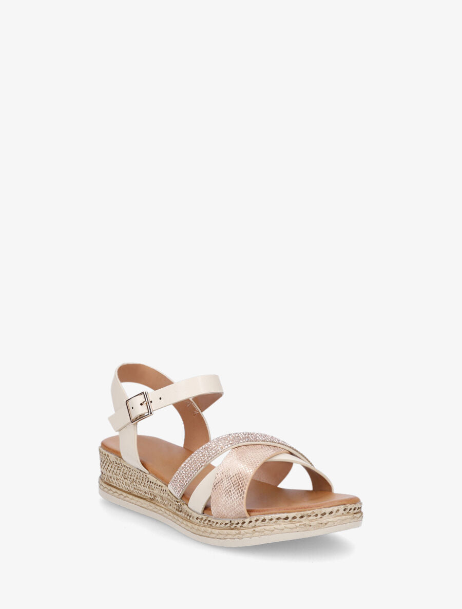 Sandales compensées à bride à strass - Beige - 3