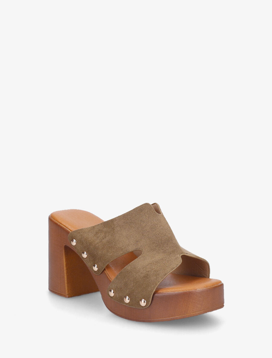 Mules à talon en suédine - Kaki - 2