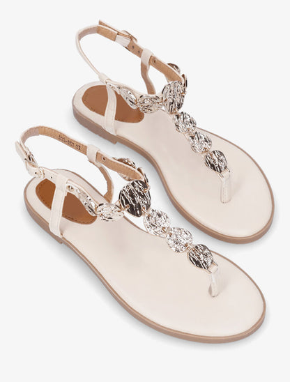 Nu-pieds à bride bijoux martelés - Beige - 4