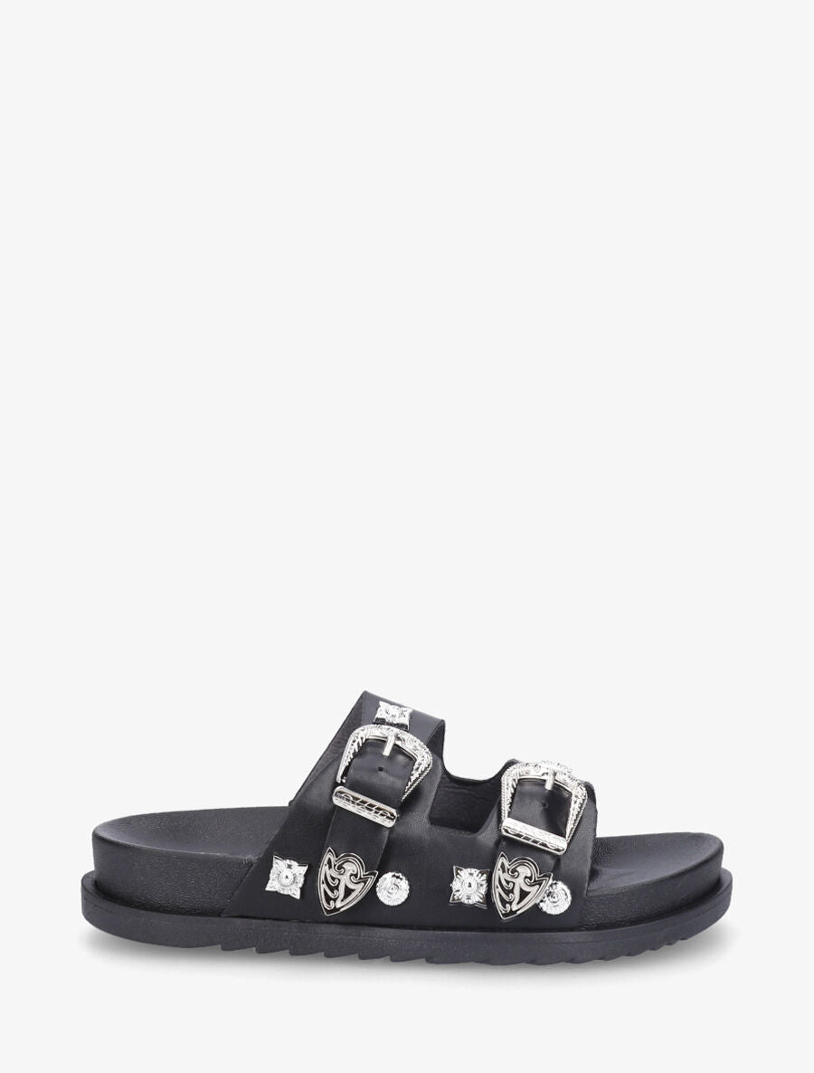 Mules à boucles travaillées et bijoux - Noir - 1