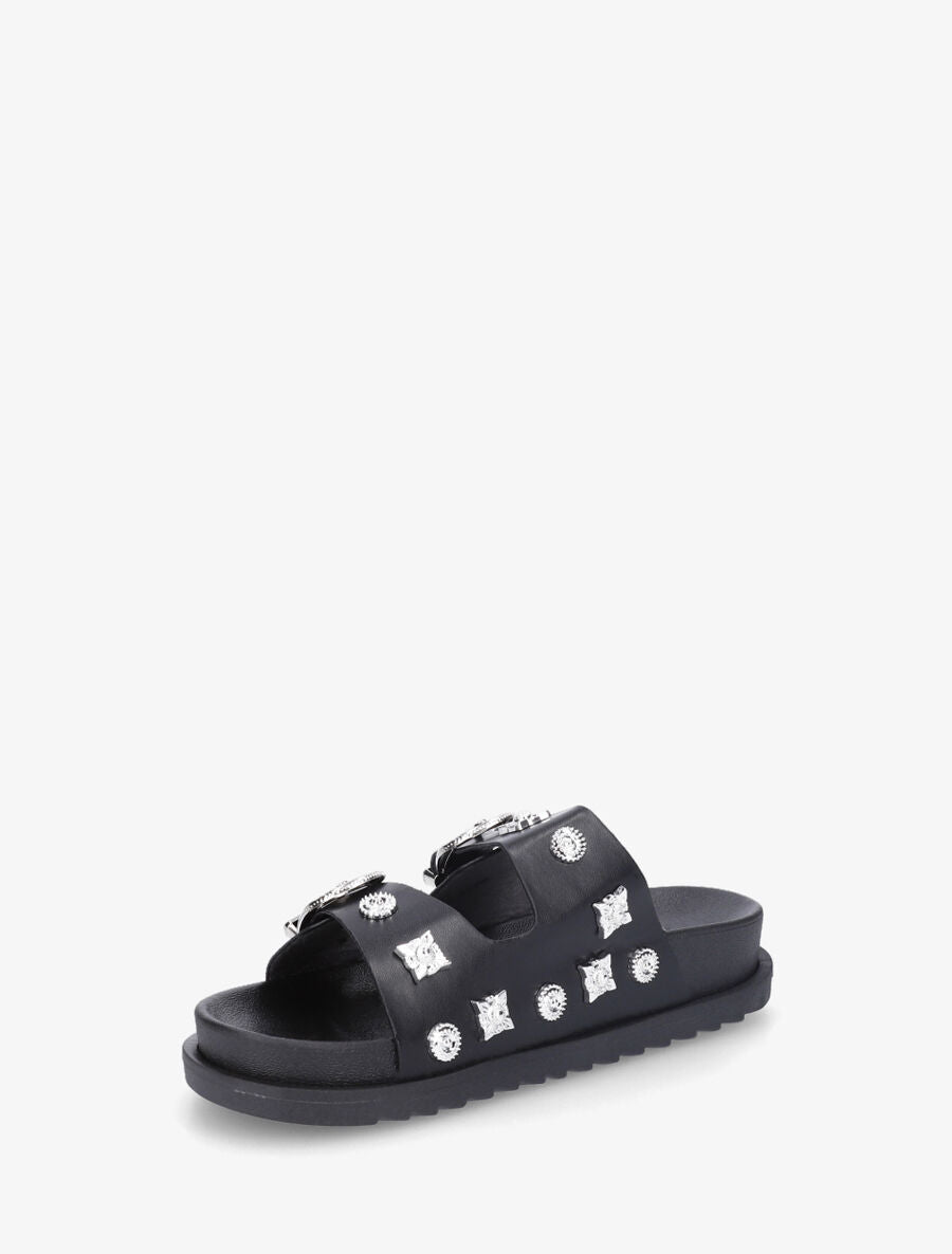 Mules à boucles travaillées et bijoux - Noir - 3
