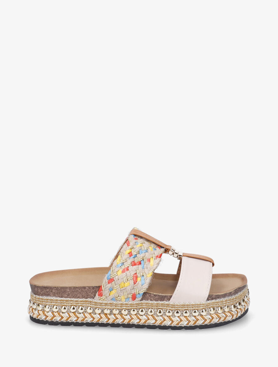 Claquettes fantaisies en raphia et simili - Beige - 1