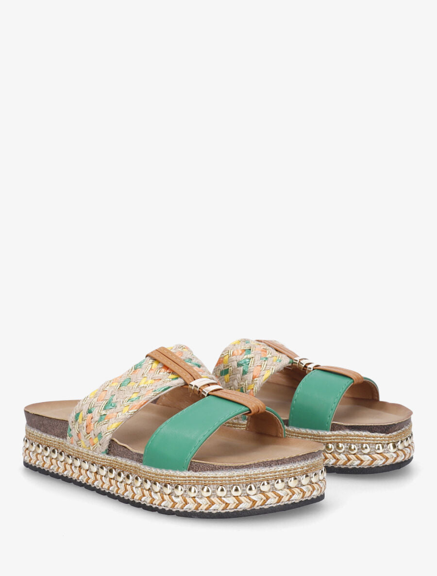 Claquettes fantaisies en raphia et simili - Vert - 4