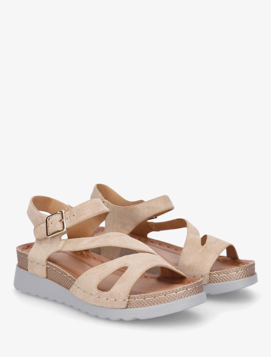 Sandales en suédine à semelle compensée - Beige - 4