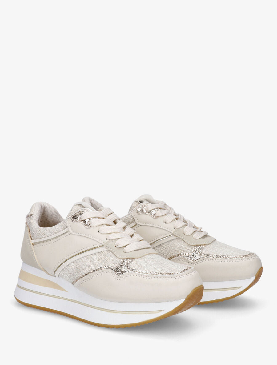 Sneakers compensées à empiècement en tissu - Beige - 4