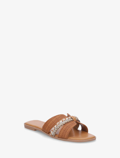 Mules plates à bride style noeud à strass - Camel - 2
