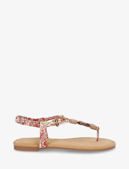 Nu-pieds imprimé fleuri et perles en bois - Rouge - 1
