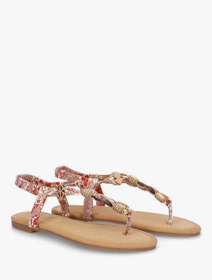 Nu-pieds imprimé fleuri et perles en bois - Rouge - 4