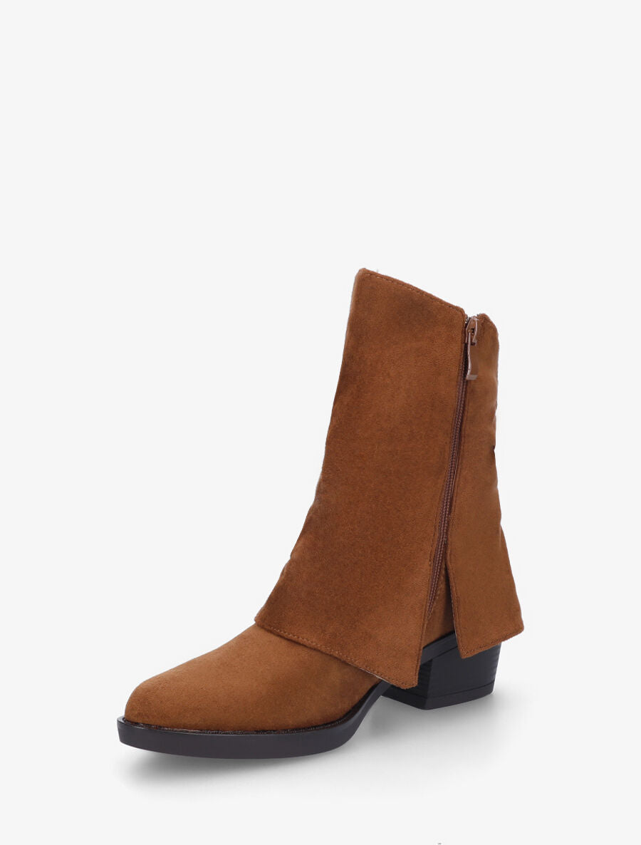 Bottines en suédine à revers et fente - Camel - 3