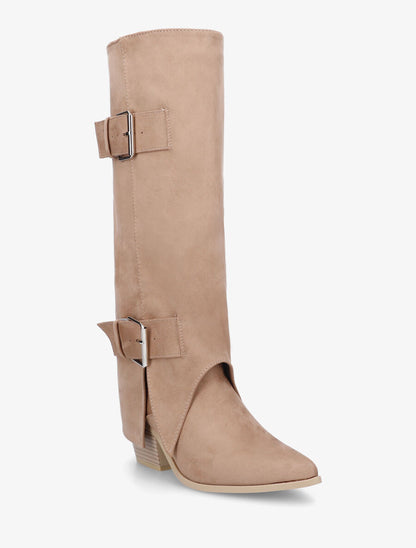 Bottes en suédine à revers et ceinturons - Beige - 2