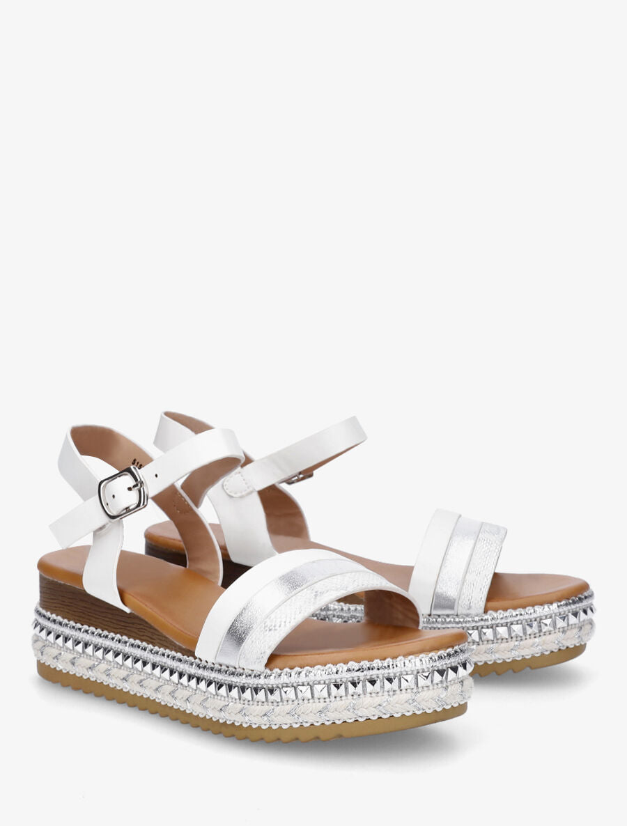Sandales compensées à semelle effet bois et métal - Blanc - 4