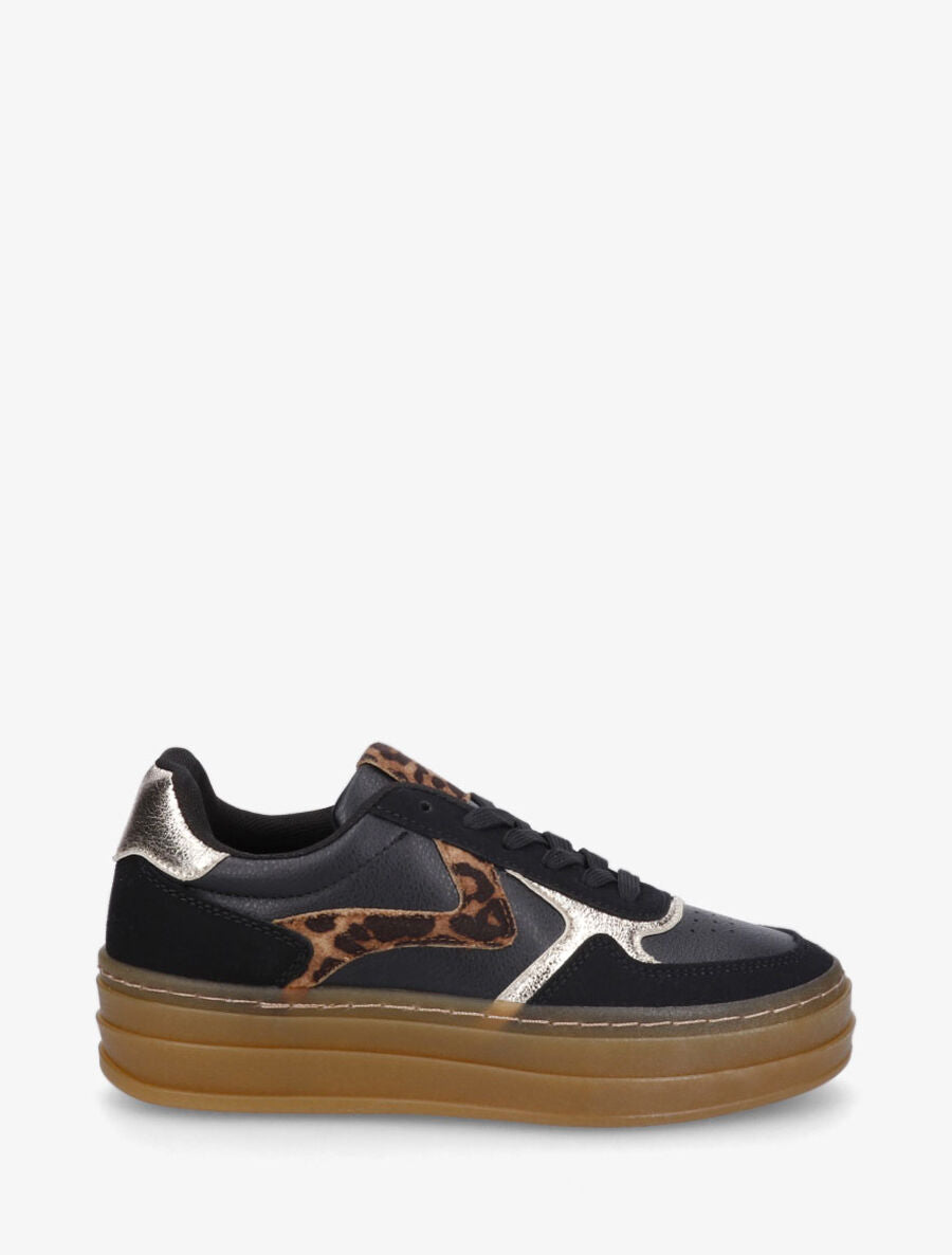Sneakers à imprimé léopard et semelle épaisse - Noir - 1