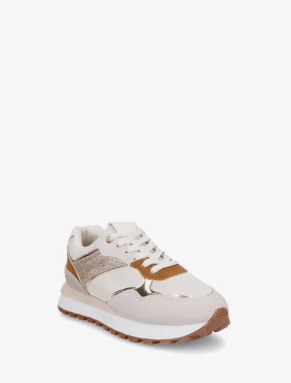 Sneakers à blocs colorés et détail pailleté - Camel - 2