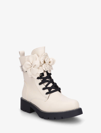 Bottines en simili à empiècement fleurs - Beige - 2