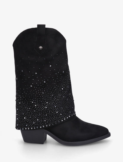 Bottines style santiags à revers strassé - Noir - 1