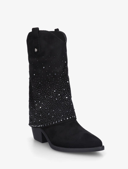 Bottines style santiags à revers strassé - Noir - 2