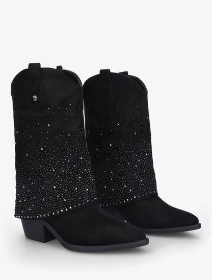 Bottines style santiags à revers strassé - Noir - 4