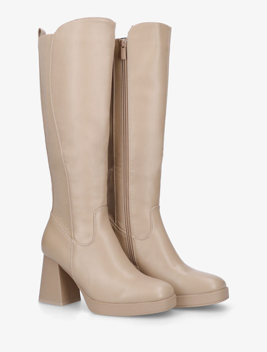 Bottes élastiquées unies en simili - Beige - 4