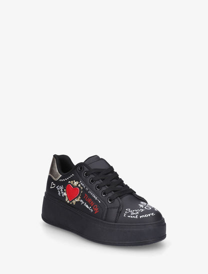 Sneakers à plateforme avec flocage et empiècement coeur - Noir - 2