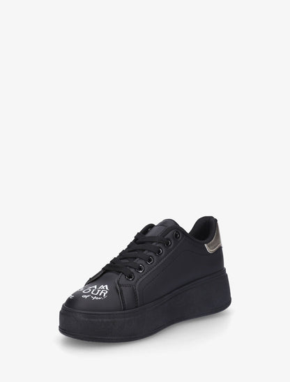 Sneakers à plateforme avec flocage et empiècement coeur - Noir - 3