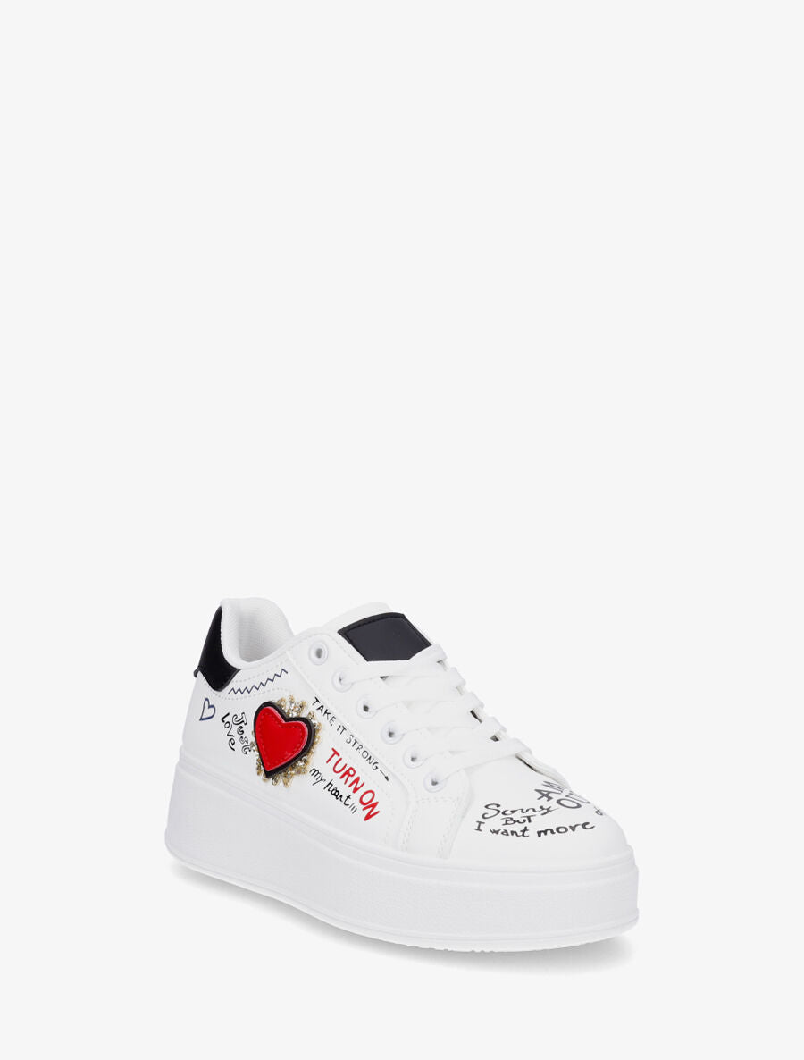 Sneakers à plateforme avec flocage et empiècement coeur - Blanc - 2