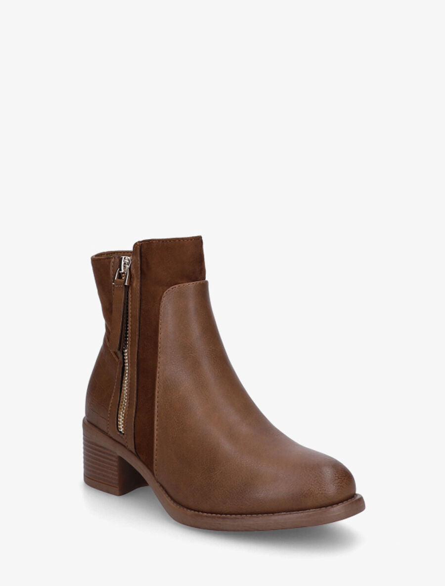 Bottines en simili et suédine à contrefort croco - Camel - 2