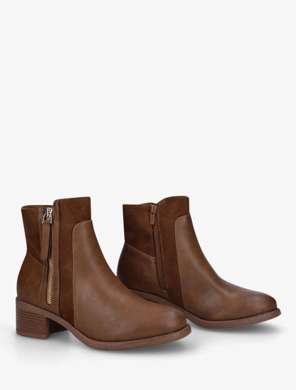 Bottines en simili et suédine à contrefort croco - Camel - 4