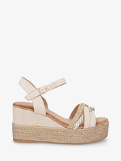 Sandales compensées en raphia et simili tressés - Beige - 1