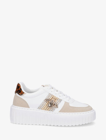 Sneakers en simili à empiècement bijou strassé - Beige - 1