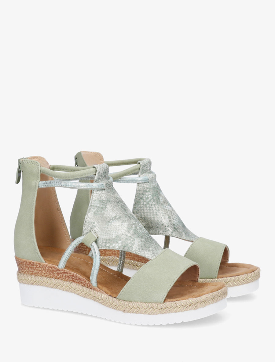 Sandalias de cuña con tira de estampado de pitón nacarado. - Verde agua