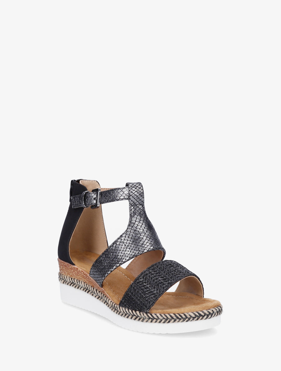 Sandalias con cuña texturizadas con detalle de pitón. - Negro