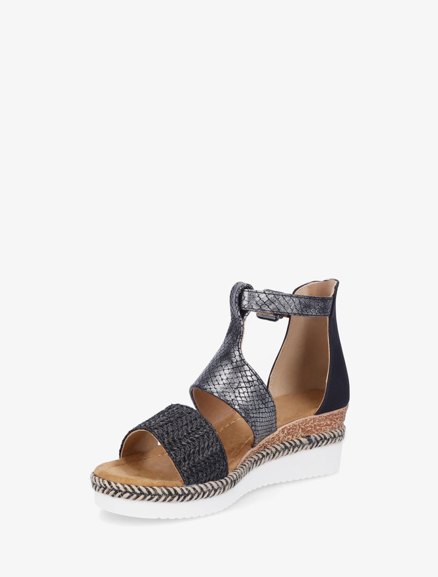 Sandalias con cuña texturizadas con detalle de pitón. - Negro