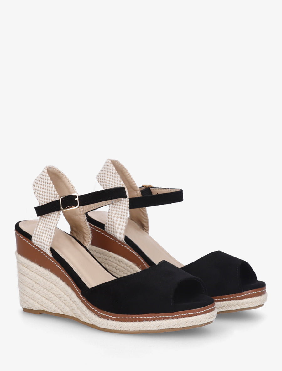 Sandalias de cuña lisas de antelina - Negro