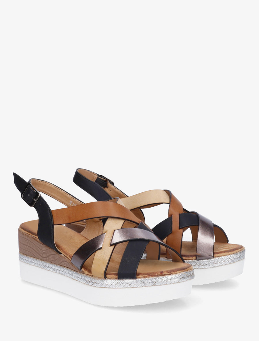 Sandalias de cuña con correas cruzadas - Negro