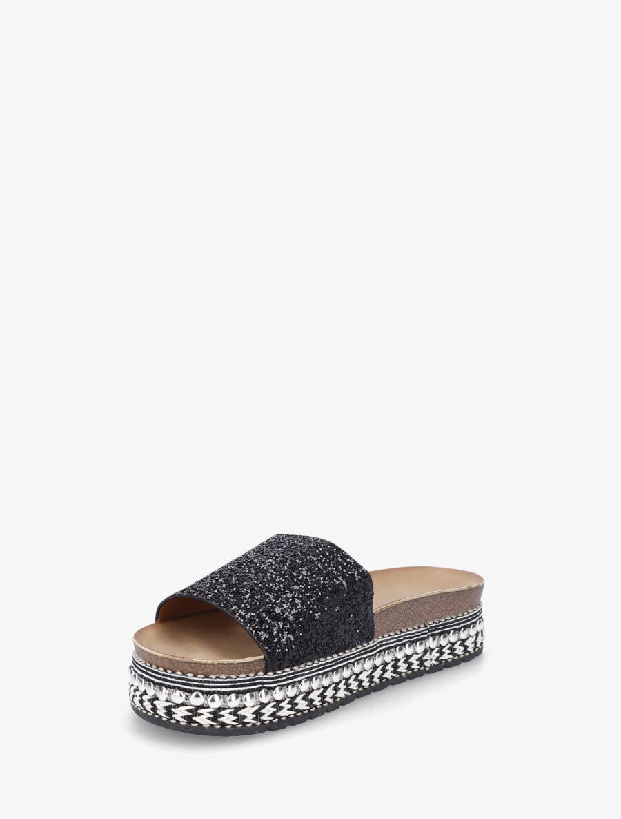Mules à paillettes et semelle plateforme fantaisie - Noir - 3