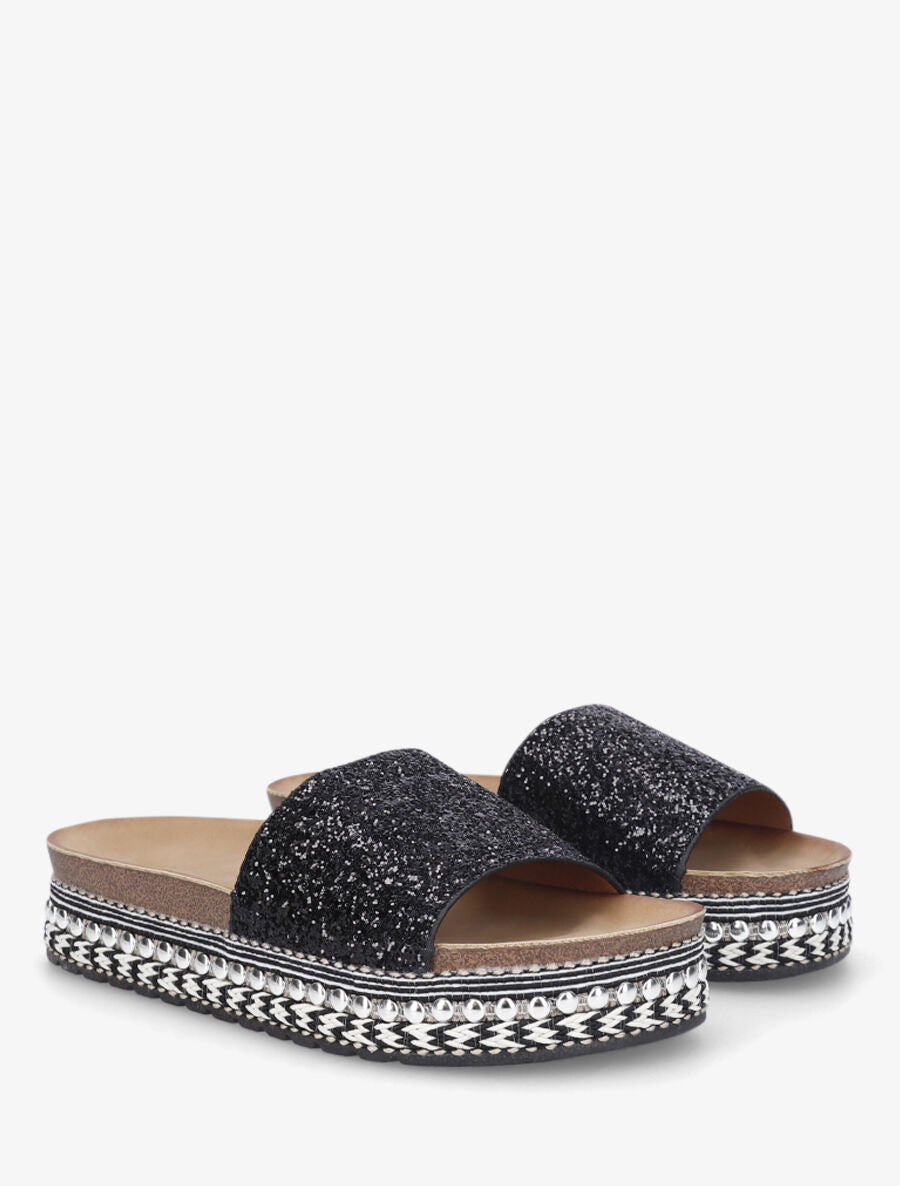 Mules à paillettes et semelle plateforme fantaisie - Noir - 4