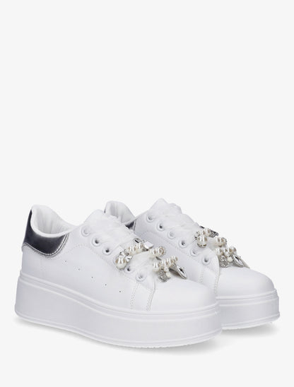 Sneakers à lacets en voile et empiècement bijoux - Argent - 4