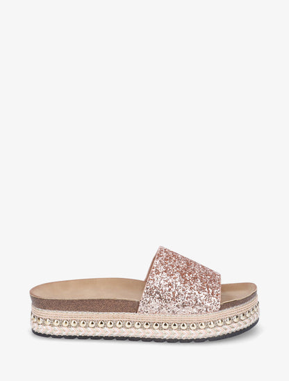 Mules à paillettes et semelle plateforme fantaisie - Rose gold - 5