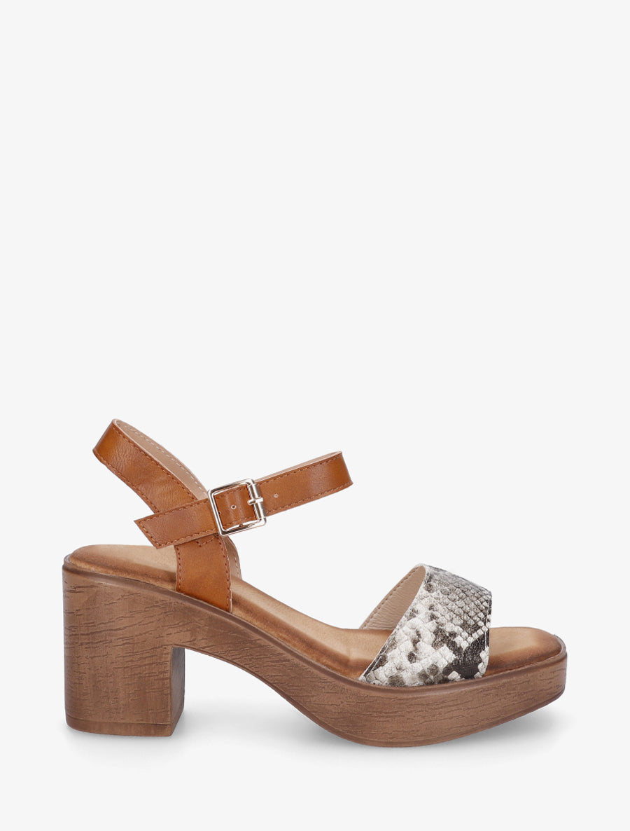 Sandales python à talon effet bois - Beige - 1