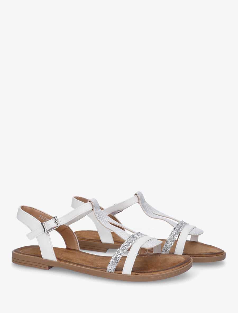 Nu-pieds en simili à brides effet python et pailleté - Blanc - 4